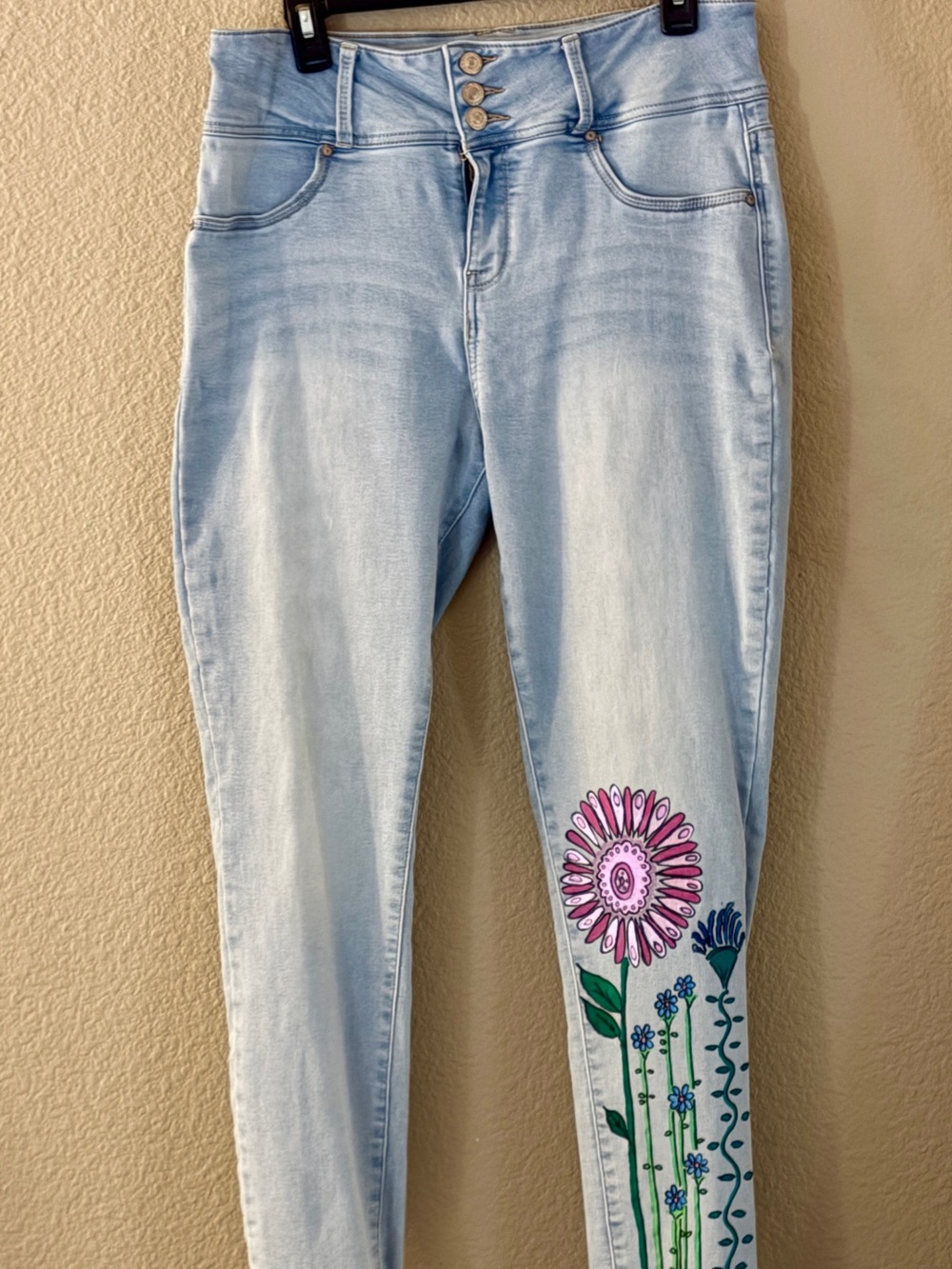 Wallflower Light Wash Skinny Jeans with Pink Floral Art